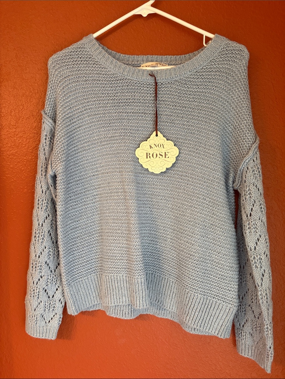 Knox Rose Sky Blue Open-Knit Crewneck Sweater